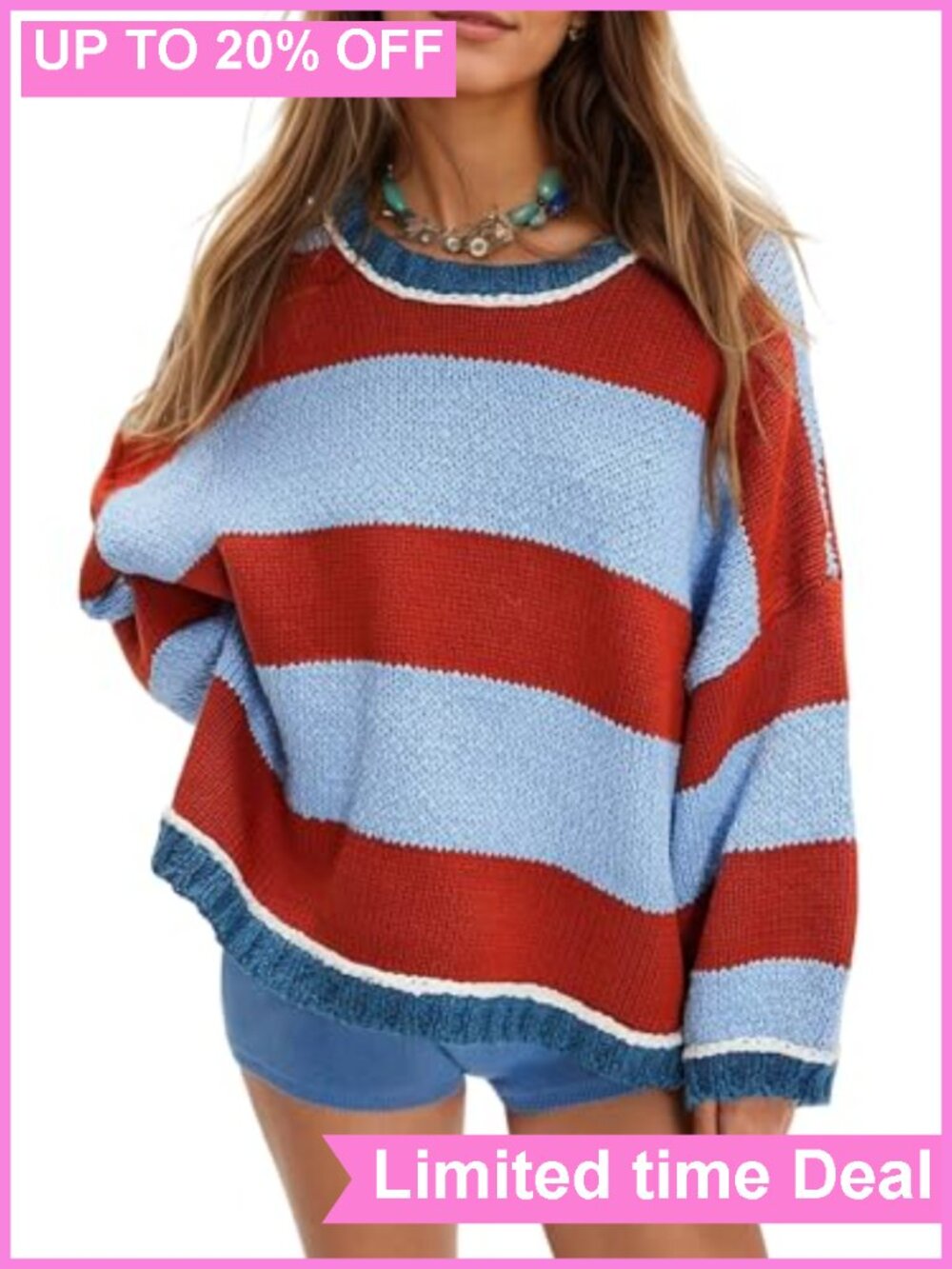 Oversized Striped Chunky Knit Crewneck Sweater Pullover Cotton Blend
